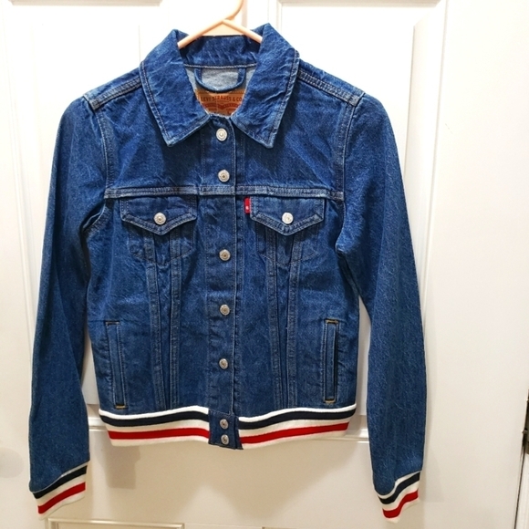 Levi's Y2K Denim Jean Jacket Womens Size XS Red White Blue Trim New 100% Cotton - Picture 1 of 11
